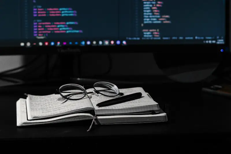 Code on a screen beside an open notebook and a pair of glasses
